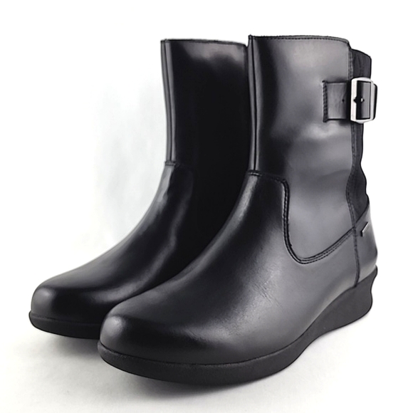 Aravon Women's Black Waterproof Leather Short Wedge Boots Buckle Strap Size 11 - Picture 4 of 16
